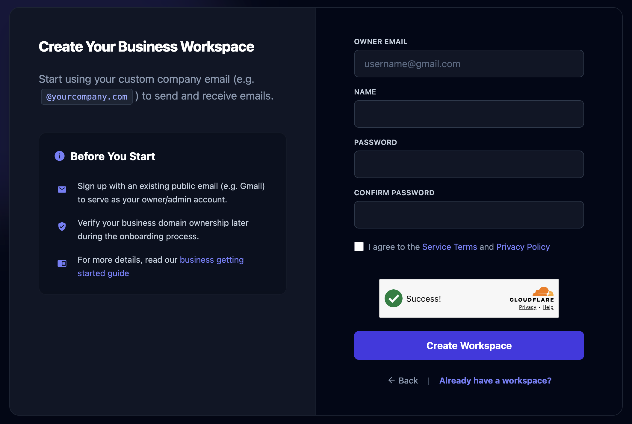 New Business Sing-Up Page
